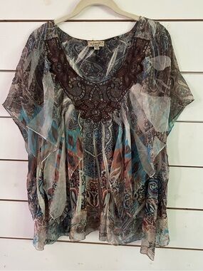 One World Women’s Medium Embellished Boho Multicolor Short Sheer Sleeve Top